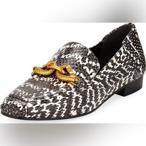 Tory Burch Jessa Snakeskin Loafers EUC black and white with gold horse bit